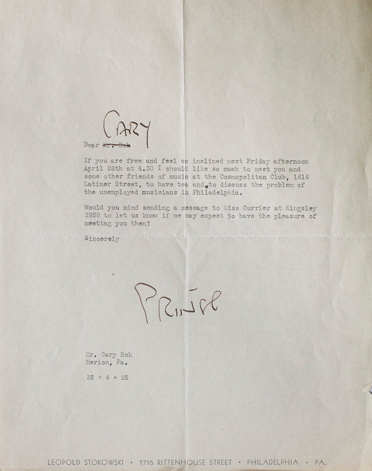 Item #257811 Leopold Stokowski. Typed letter, signed ("Prince", Bok's nickname for him), talking about "yens" and nice to have seen him the evening previous. Leopold Stokowski.