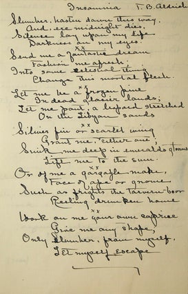 Item #258539 Autograph manuscript copies of select stanzas from his Poems "Insomnnia" and...
