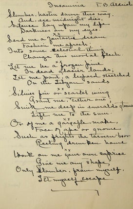 Item #258539 Autograph manuscript copies of select stanzas from his Poems "Insomnnia"...