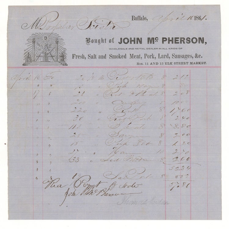 Item #258566 Billhead of John McPherson, Wholesale and Retail Dealer in all Kinds of Fresh, Salt, and Smoked Meat, Pork, Lard, Sausages & c, Purchase by M. Propalas Sciota of $57.86