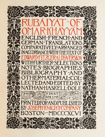 Rubáiyát of Omar Khayyám. English, French and German Translations Comparatively Arranged in Accordance with the Text of Edward Fitzgerald’s Version. With Further Selections, Notes, Biographies, Bibliography and Other Material Collected and Edited by Nathan Haskell Dole