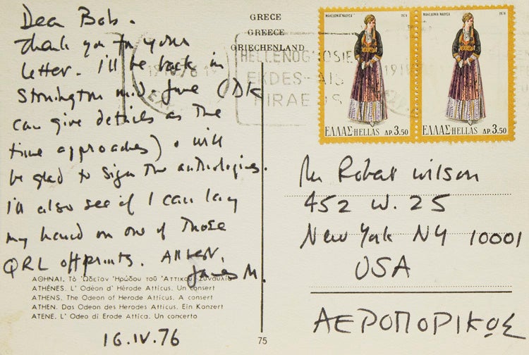 Group of 12 autograph postcards and notes and one typewritten note, all signed, to Robert Wilson, proprietor of the Phoenix Book Shop in New York City