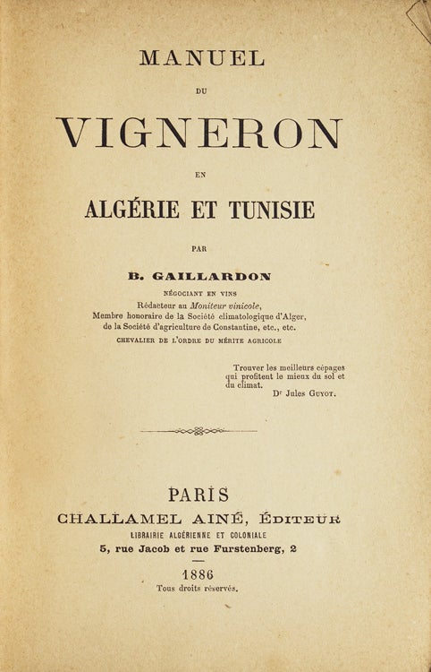 Manuel du Vigneron en Algérie et Tunisie