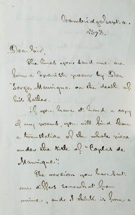 Item #260306 Autograph Letter, signed(“Henry W. Longellow”), in answer to an unidentified...