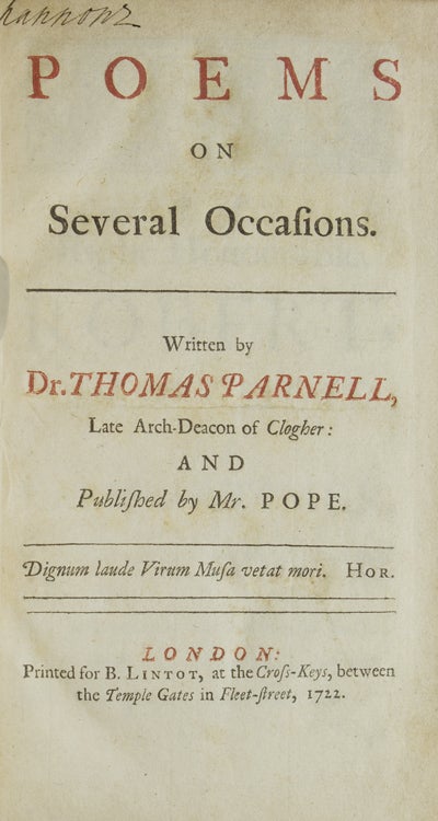 Item #260364 Poems on Several Occasions … and Published by Mr. Pope. Thomas Parnell.