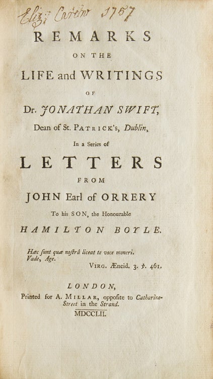 Item #260433 Remarks on the Life and Writings of Dr. Jonathan Swift ... In a Series of Letters ... to his Son, the Honorable Hamilton Boyle. Jonathan Swift, Boyle, Earl of Orrery John.