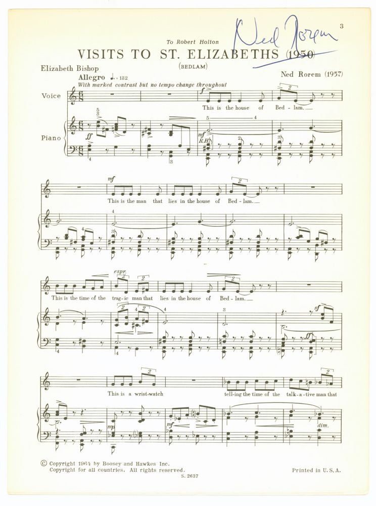 Visits to St. Elizabeths (1950) Bedlam). For Medium Voice and Piano. Music by Ned Rorem. Text by Elizabeth Bishop