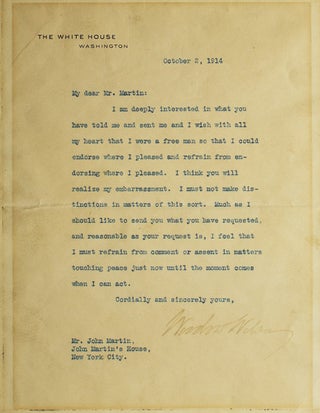 Item #260779 Typed Letter, signed (“Woodrow Wilson”) to author/publisher John Martin at...