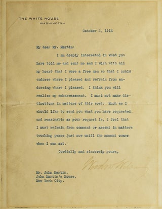 Item #260779 Typed Letter, signed (“Woodrow Wilson”) to author/publisher John Martin at...