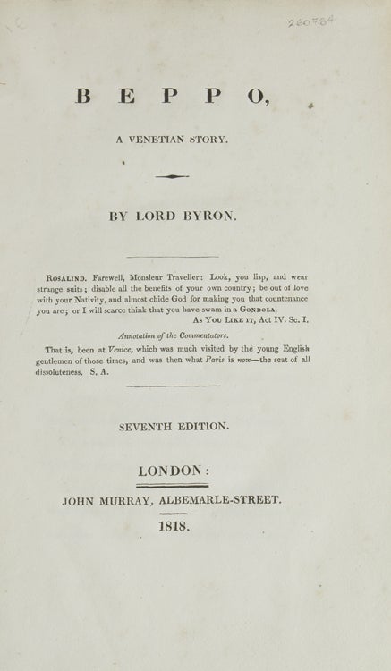Item #260784 Beppo, A Venetian Story. Lord Byron, George Gordon.