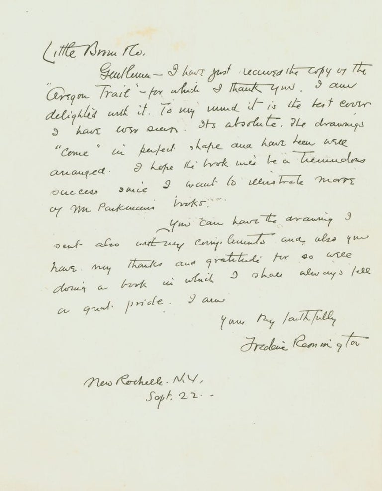 Item #260878 Autograph Letter, signed (“Frederic Remington”), to his publishers, Little, Brown. Frederic Remington.