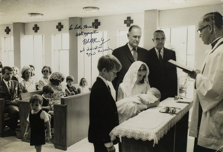 Item #261275 Photograph of the baptism of Douglas Harriman Kennedy. with Averell Harrimann as Godfather signed and inscribed by RFK "To Father Pereira/ with appreciation/' Robert Kennedy/ and admiration Ethel Kennedy (in her hand). Robert F. Kennedy.