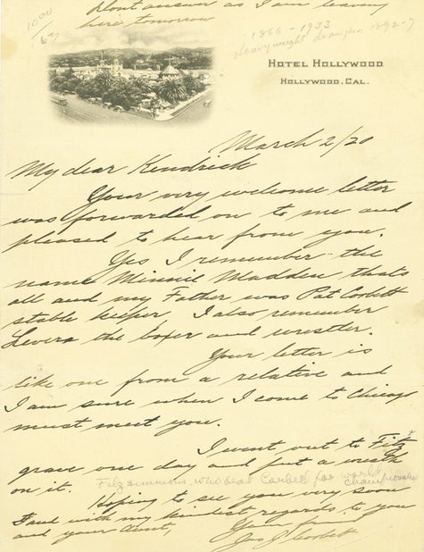 Item #261586 Autograph Letter, signed (&ldquo;Jas. J. Corbett&rdquo;), to Mr. Kendrick. James J. Corbett.