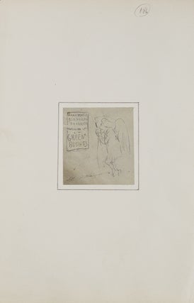 Item #261818 Pencil sketch of an angel looking at a poster advertising "Green Bushes", at the Old...