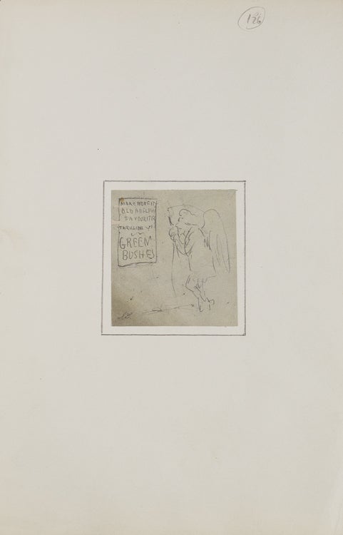 Item #261818 Pencil sketch of an angel looking at a poster advertising "Green Bushes", at the Old Adelphi Theatre. John Leech.