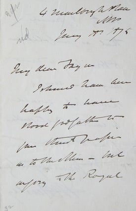 Item #261826 ALS. To Joseph Fayrer (1824-1907), refusing to sponsor his paper for Royal Society...