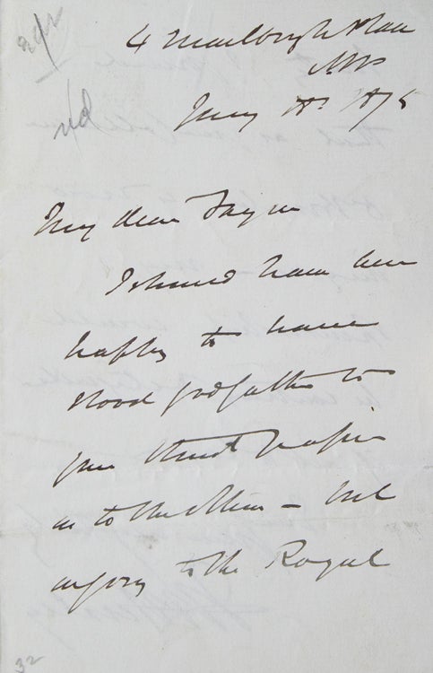 Item #261826 ALS. To Joseph Fayrer (1824-1907), refusing to sponsor his paper for Royal Society as Dr. (T.L.) Brunton is now among us. Thomas Huxley.