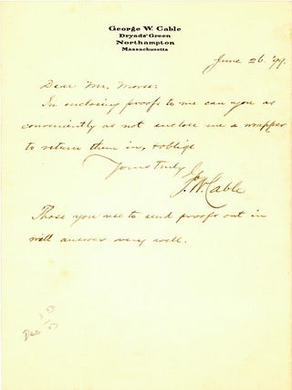 Item #262105 Autograph Letter, signed (“J.W. Cable”), to Mrs. Morse. George Washington Cable