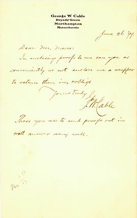 Item #262105 Autograph Letter, signed (“J.W. Cable”), to Mrs. Morse. George Washington Cable