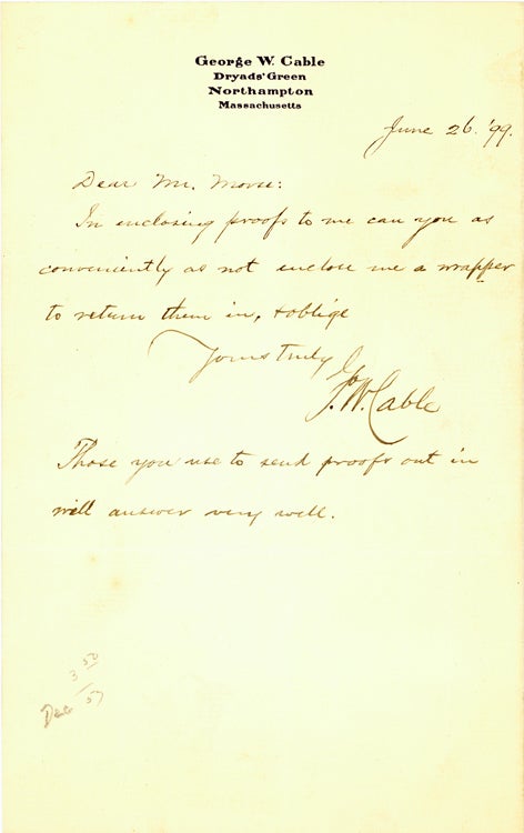 Item #262105 Autograph Letter, signed (“J.W. Cable”), to Mrs. Morse. George Washington Cable.