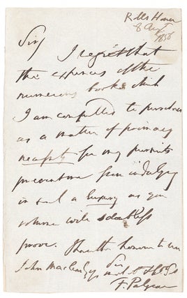 Item #262223 Autograph Letter, signed (“F. Palgrave”), to John Marlowe. Palgrave, rancis Turner