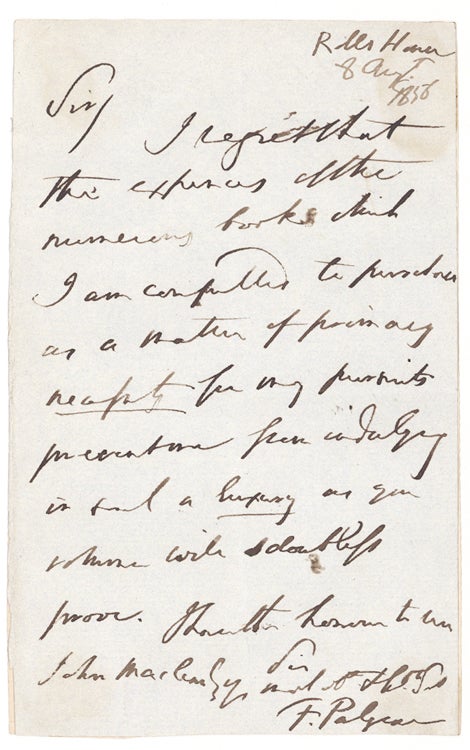Item #262223 Autograph Letter, signed (“F. Palgrave”), to John Marlowe. Palgrave, rancis Turner.