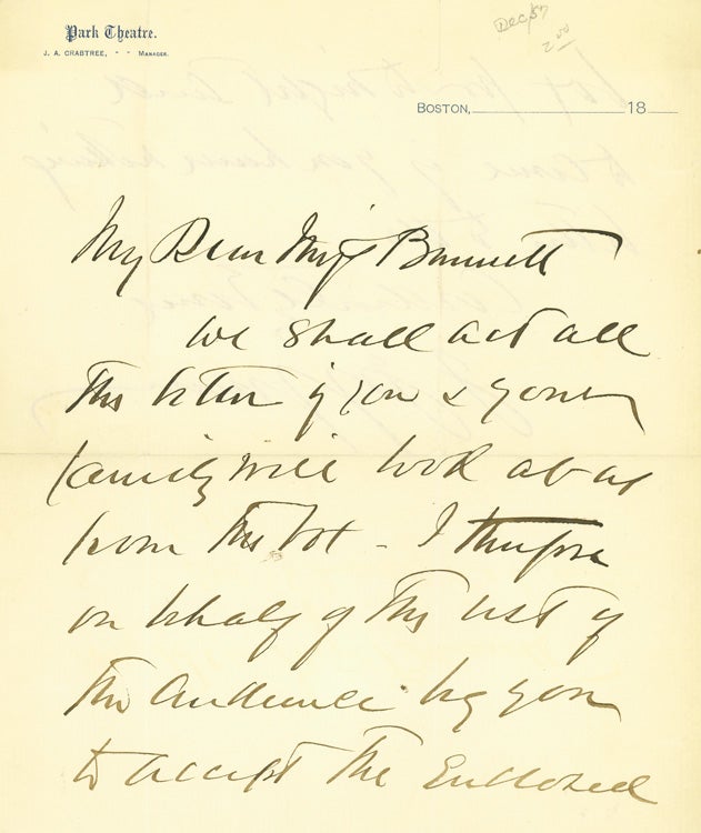 Autograph Letter, signed (“J Jefferson”), to Miss Bennett