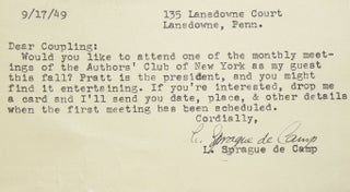 Item #262780 Typed Note, signed (“L. Sprague de Camp”), to Coupling [John R. Pierce], an...