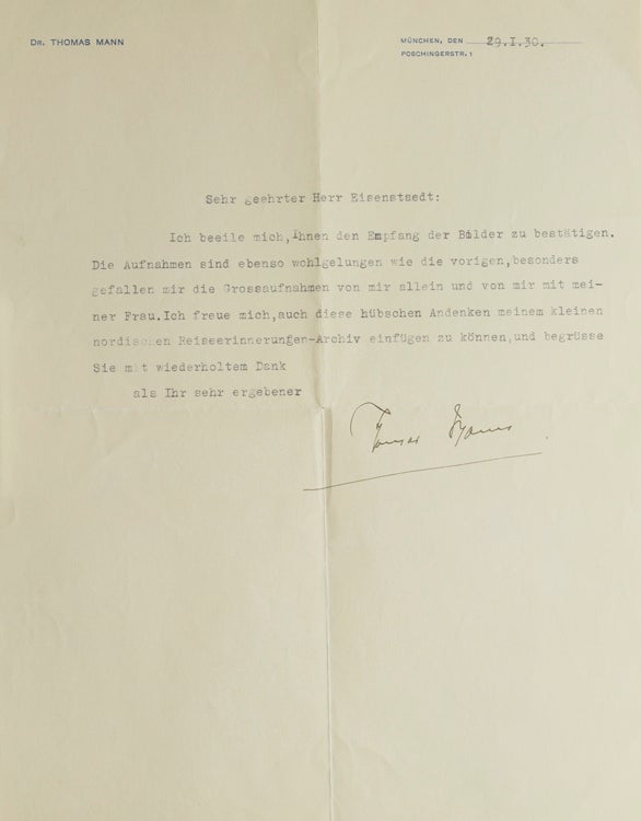 Item #263154 Typed Letter, Signed, to Alfred Eisenstaedt, on Munich letterhead, thanking him for portrait photographs. Thomas Mann.