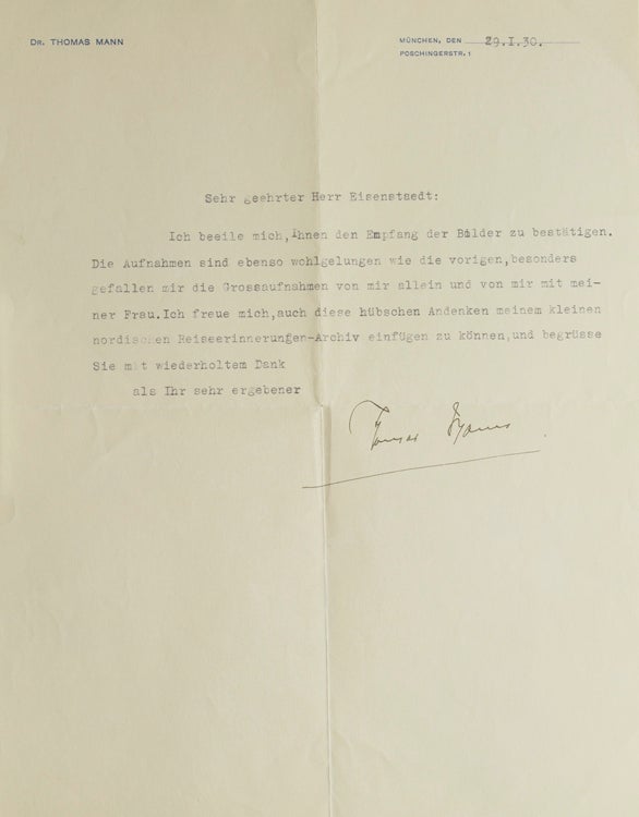 Item #263154 Typed Letter, Signed, to Alfred Eisenstaedt, on Munich letterhead, thanking him for portrait photographs. Thomas Mann.