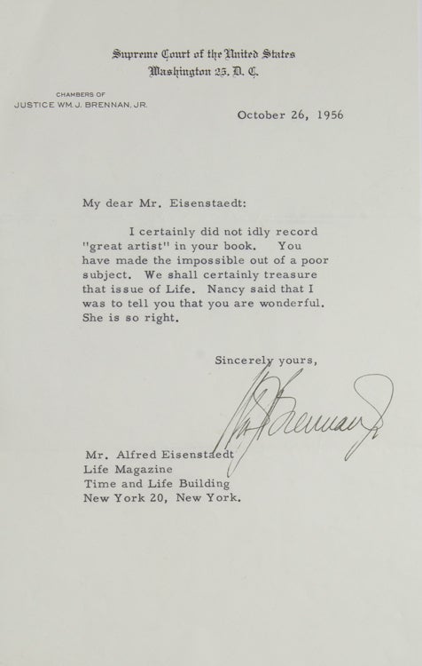 Item #263218 Typed Letter, Signed, to LIFE photographer ALFRED EISENSTAEDT. William Joseph Brennan, Jr.