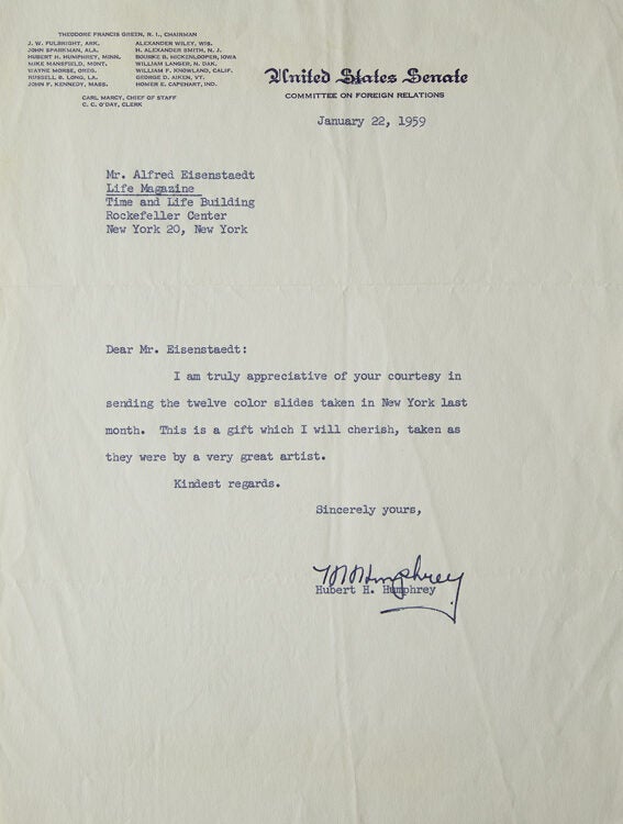 Typed Letter, Signed, to Life Magazine photographer Alfred Eisenstaedt ...