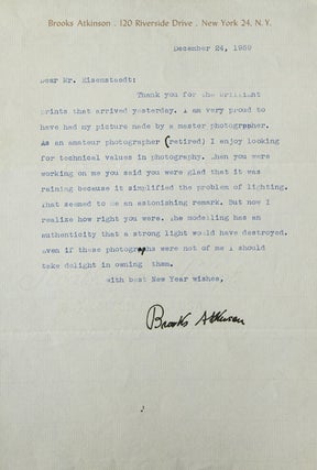 Item #263228 Typed Letter, Signed, to Alfred Eisenstaedt, thanking him for portrait prints....