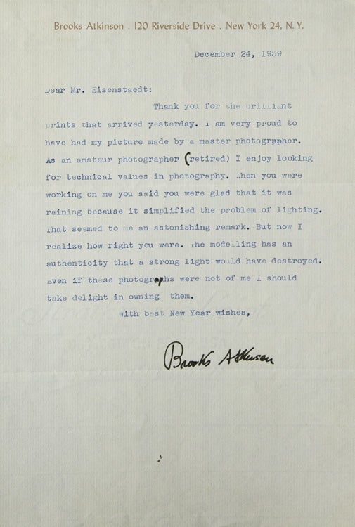 Item #263228 Typed Letter, Signed, to Alfred Eisenstaedt, thanking him for portrait prints. Brooks Atkinson.