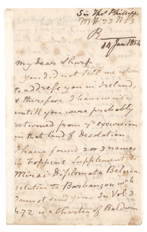 Item #263327 Autograph Letter, signed (“Thos Phillipps”), to “My dear Sharp”. Sir Thomas Phillipps.