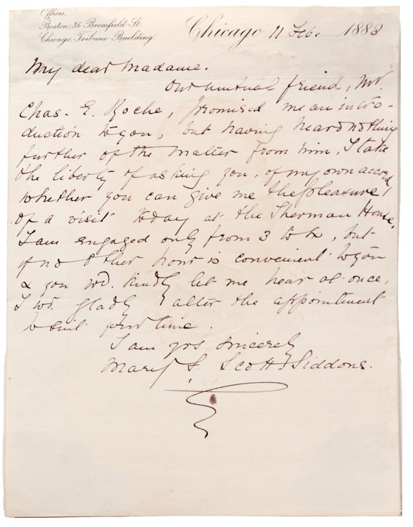Item #263534 ALS. Asking a lady to visit. Mary Frances Scott Siddons.