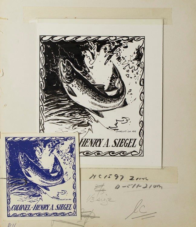 Original ink drawing of a leaping salmon within a border of waves, for the  bookplate of bookseller and bibliographer Col. Henry A. Siegel - Charles De  Feo