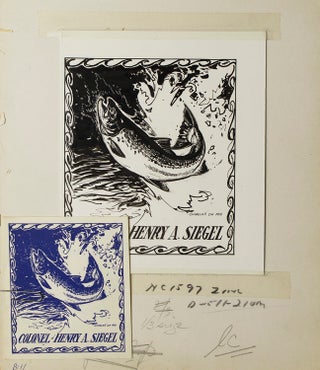 Item #263657 Original ink drawing of a leaping salmon within a border of waves, for the bookplate...