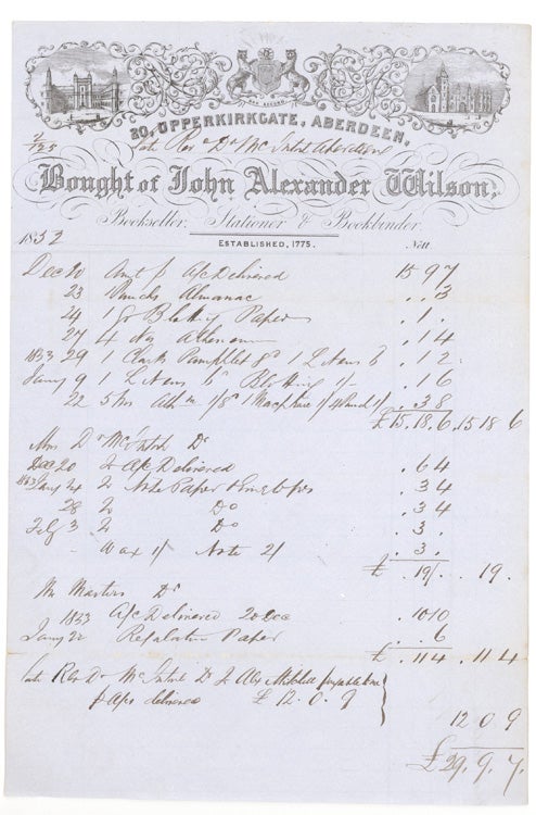 Item #263932 Billhead of John Alexander Wilson Bookseller, Stationer & Bookbinder. Bill for £29.9.7 for almanacs, blank paper, etc
