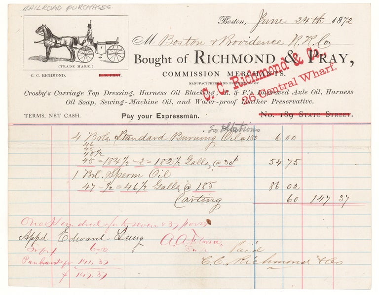 Item #263938 Billhead of Richmond & Pray Commission Merchants for a Barrell of Sperm Oil ; 4 Barrrels of Standard Burning Oil for the Boston & Providence R.R. Co