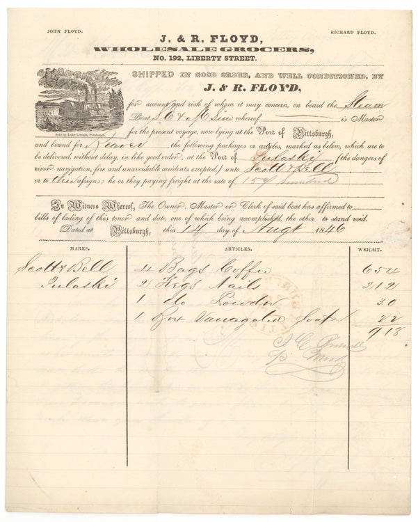 Item #264033 Billhead from J. & R. Floyd, Wholesale Grocers for shipment of coffee, nails, powder and soap for $918 from Pittsburgh to Pulaski