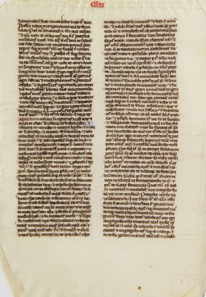 Mannuscript leaf in latin small hand two columns from Book of Ezekiel ending 16:37