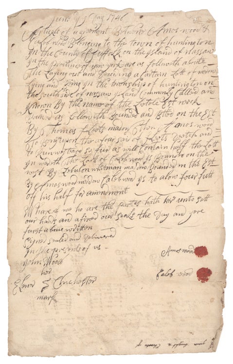 Property deed, “Articles of agreement Betwane [sic] Amos wood & Caleb wood Belonging to the town of huntington in the County of Suffolk on the island of Nassau in the province of new york are as followeth aboute … land comonly called and known by the name Letale Est Neck [Little East Neck] …”