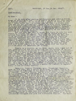 Item #264908 Typed Copy of a &ldquo;Confidential&rdquo; biographical sketch of Rasputin and memorandum...