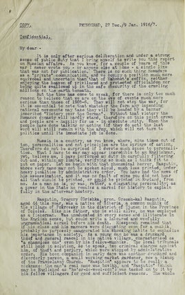 Item #264908 Typed Copy of a “Confidential” biographical sketch of Rasputin and memorandum...