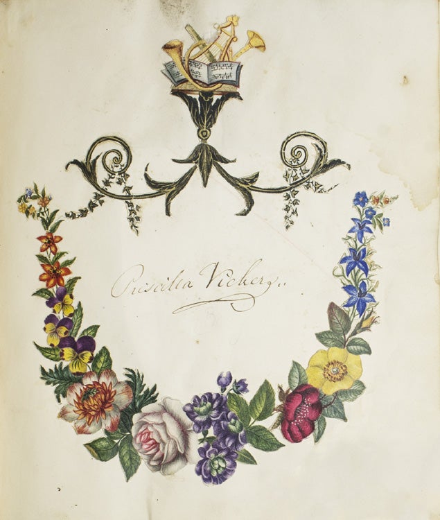 Commonplace book, album of poetry, prints and watercolors compiled by Mrs. Priscilla Vickers of Bridgenorth, Shropshire, England