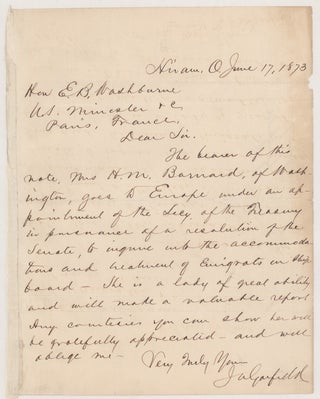 Item #265203 Autograph Letter, signed, to Hon. E.[lihu] B.[enjamin] Washburne, U.S. Minister at...