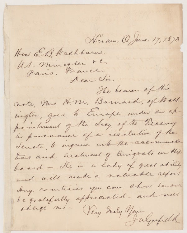 Item #265203 Autograph Letter, signed, to Hon. E.[lihu] B.[enjamin] Washburne, U.S. Minister at Paris, France. James Garfield.
