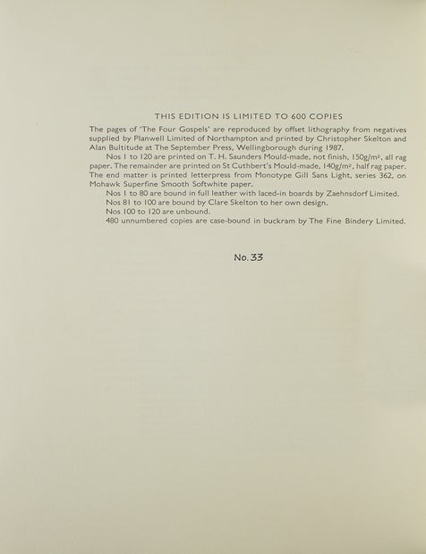 The Four Gospels of the Lord Jesus Christ, According to the Authorized Version of King James I with decorations by Eric Gill; printed and published at the Golden Cockerel Press, MCMXXXI