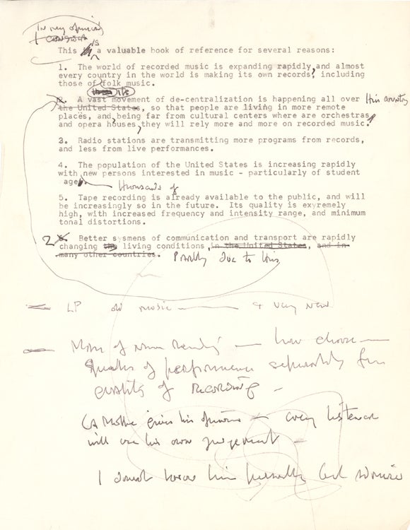 Typescript foreword to “De Motte’s Long-Playing Phonographic Record Guide,” signed; with corrected draft, two typed letters, signed, and autograph letter, signed